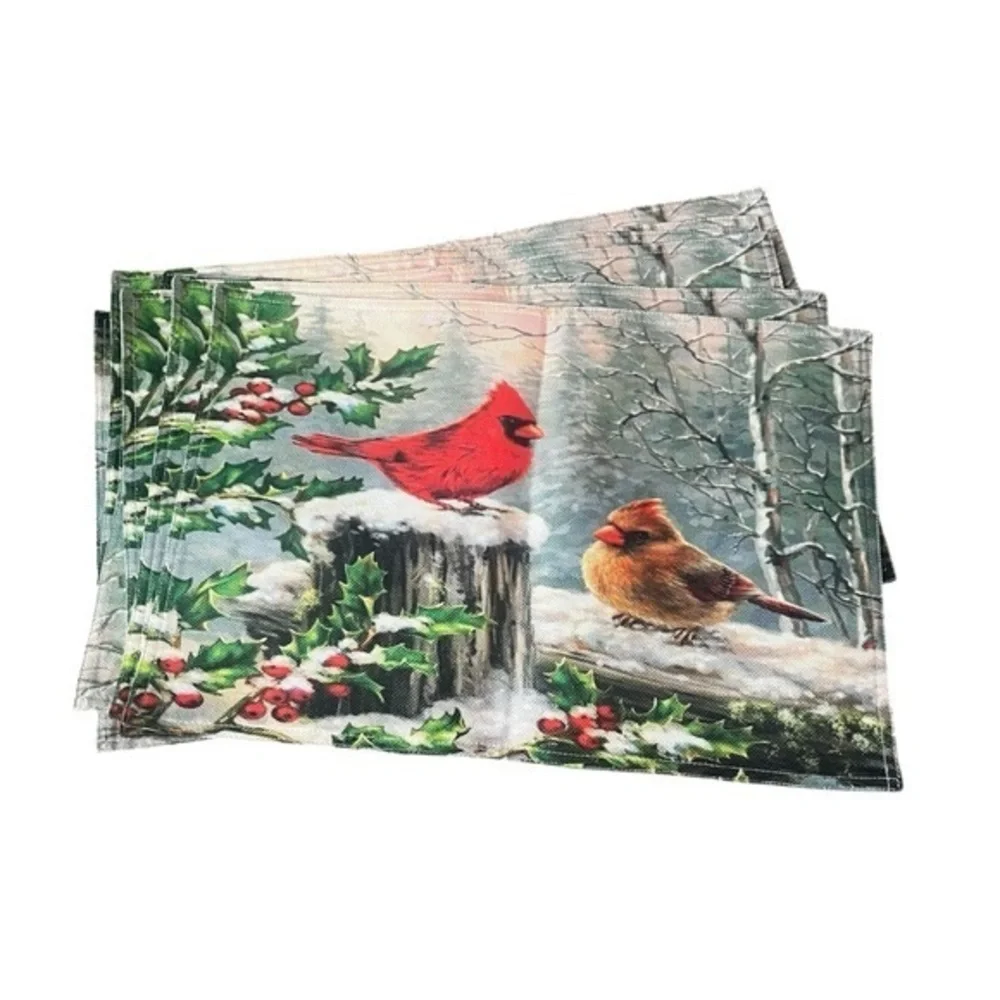 New! Wamika Winter Cardinal Birds Placemats Set of 8 Holly Berry Snow Table Mats